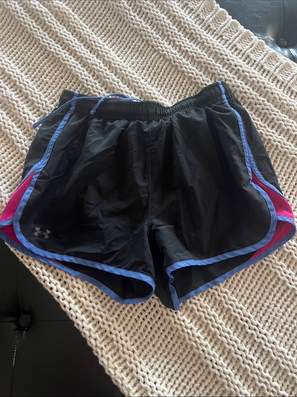 Under Armour Black Athletic Shorts with Blue Trim and Pink Accent